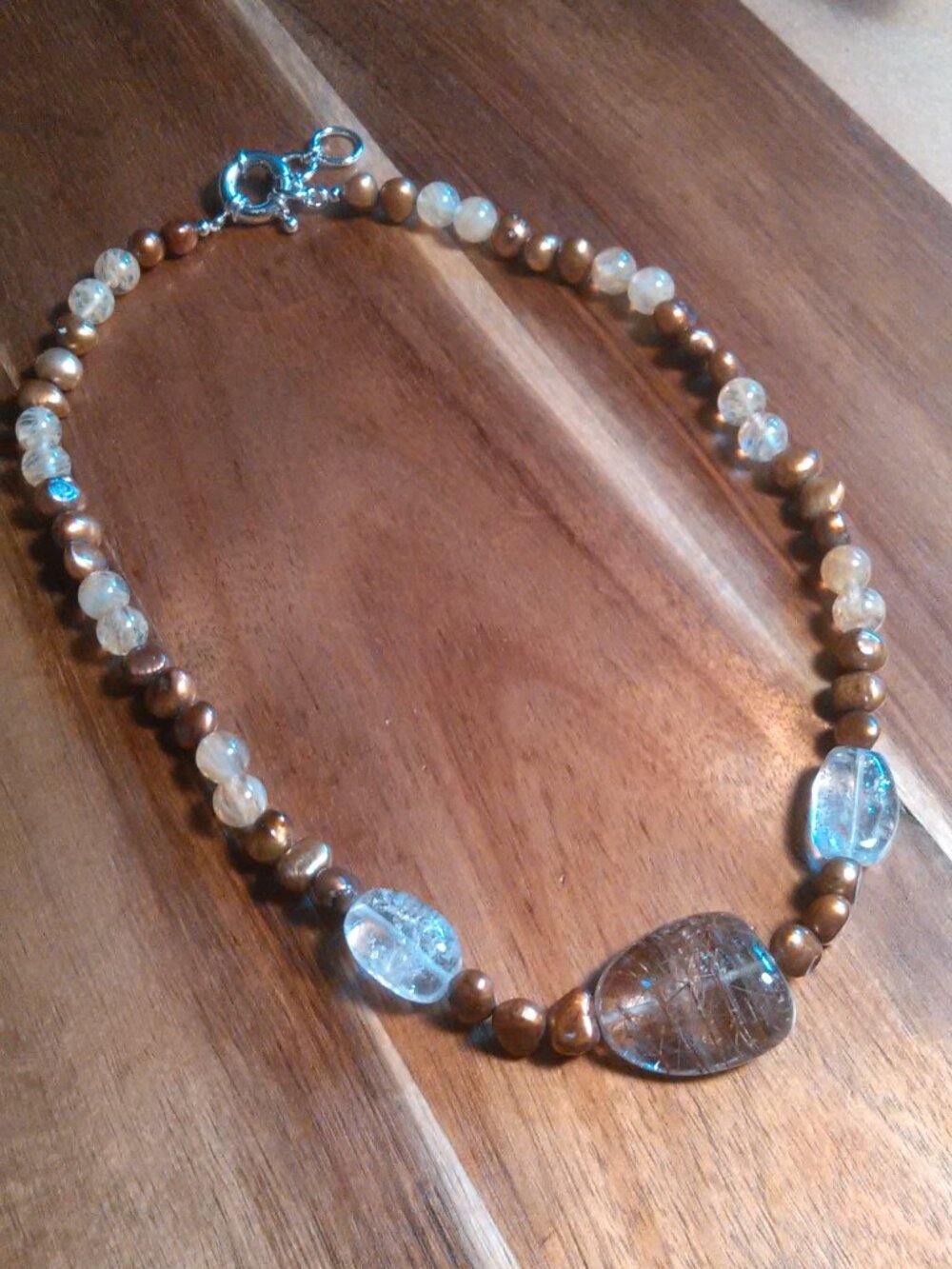 Gold and Rutile Quartz and Brown Pearl Platinum Bond Necklace (18 Inch)